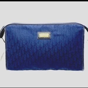 Dior Vintage Authentic Navy Canvas Logo Large Clutch Crossbody w/Gold Tone Strap